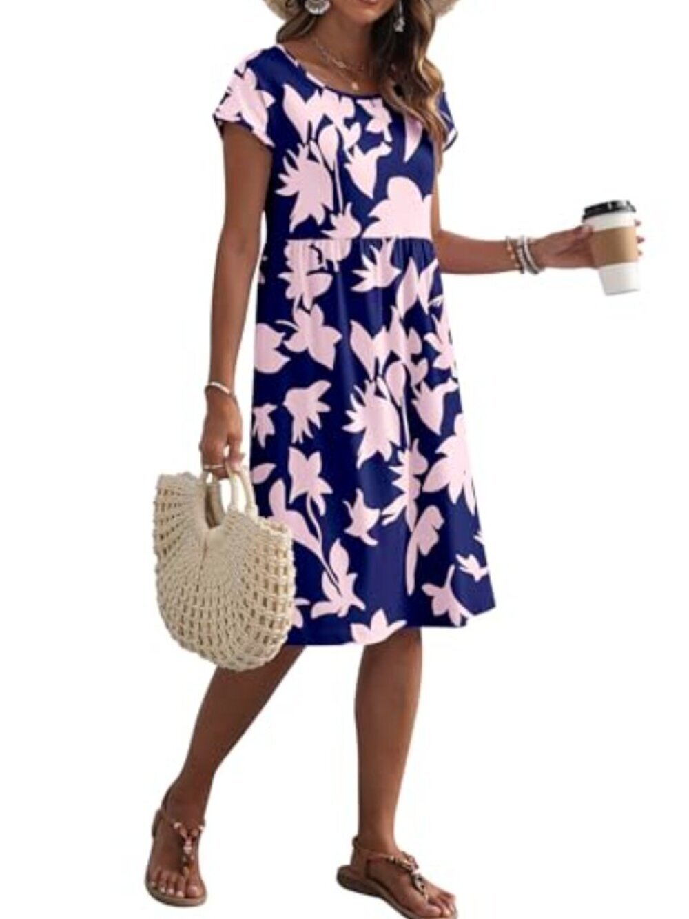 🆕 Women Summer Dresses Short Sleeve Knee-Length Round Neck Loose Dress - Picture 4 of 6